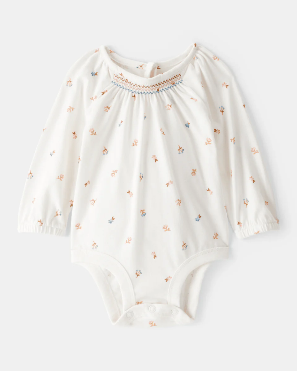 Body de manga larga floral con cuello de volantes en algodón