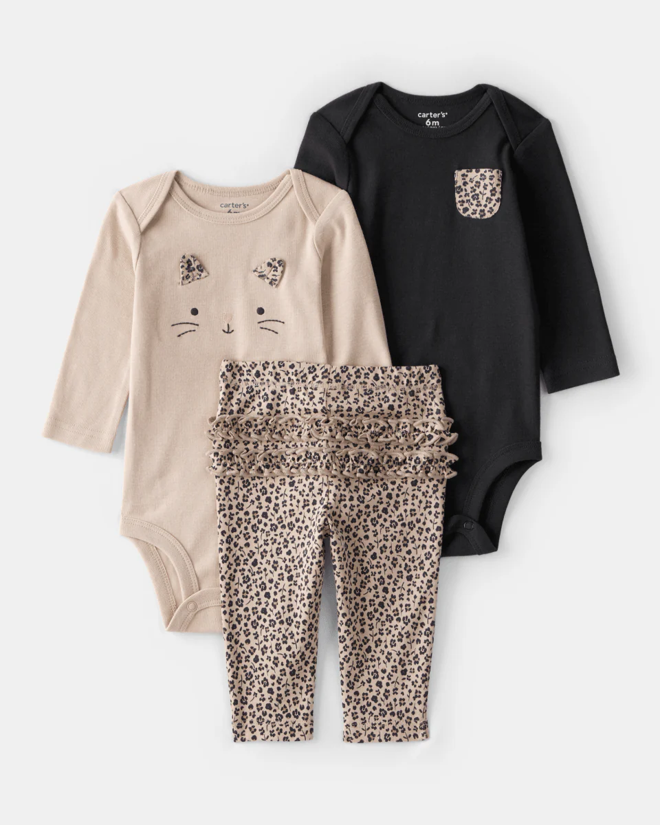 Conjunto tres piezas bodies manga larga y pantalón estampado leopardo