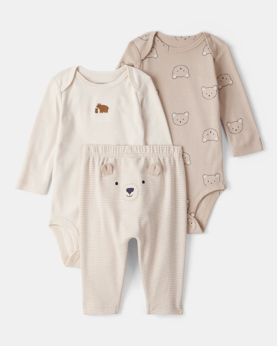 Conjunto tres piezas bodies manga larga y pantalón con oso marrón y blanco