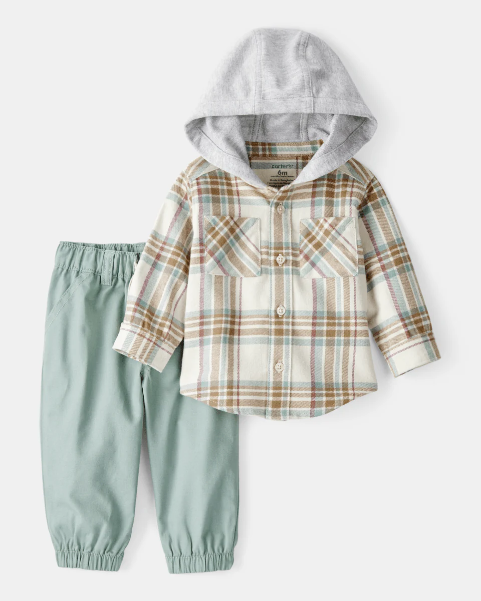 Conjunto 2 piezas camisa de cuadros con capucha y joggers