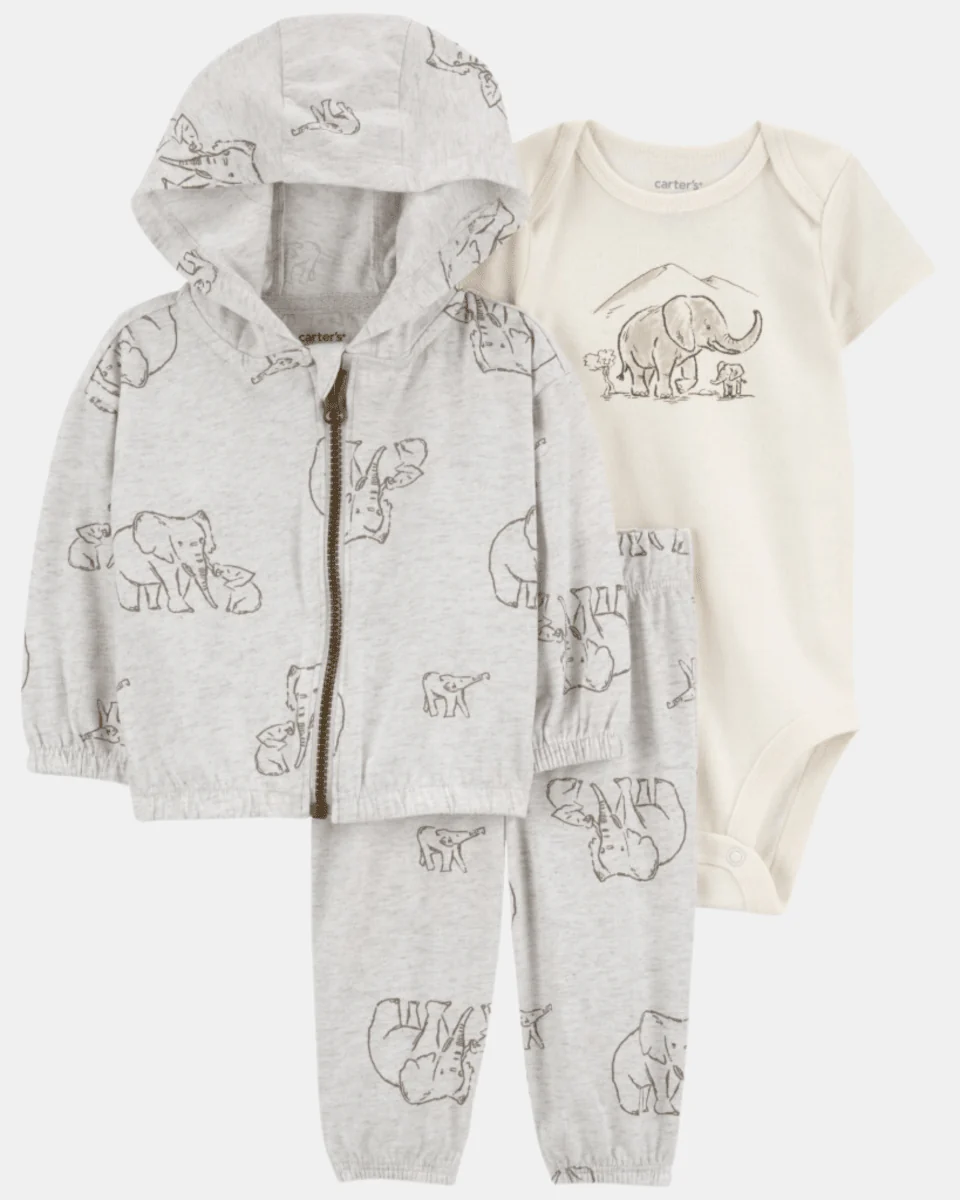 Conjunto 3 piezas de algodón, chaqueta con capucha, pantalón y body, diseño elefante