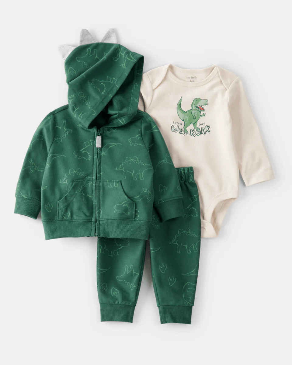 Conjunto 3 piezas cárdigan verde de dinosaurio, body y pantalón