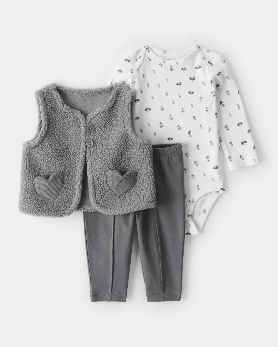 Conjunto tres piezas chaleco de borreguito, body y leggings gris