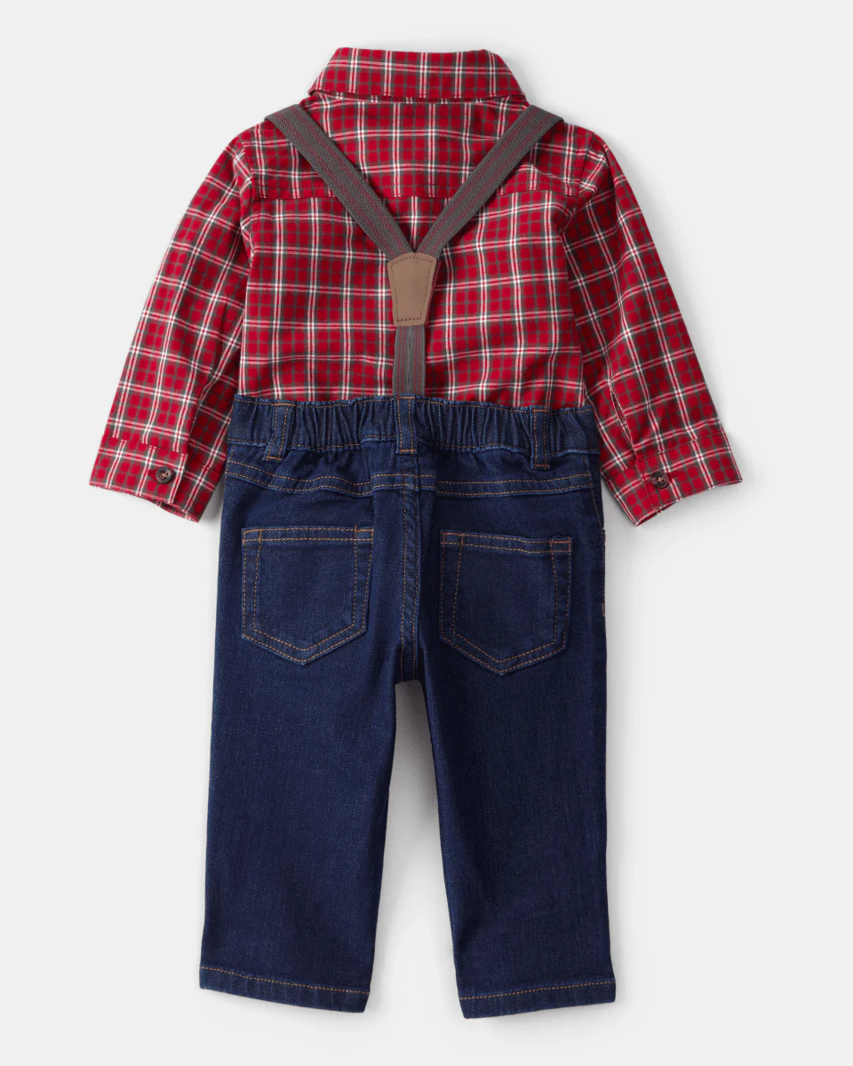 Conjunto dos piezas camisa a cuadros y pantalón con tirantes denim - Image 3