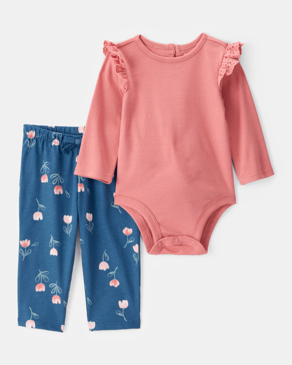 Conjunto dos piezas body manga larga con volantes y pantalón floral
