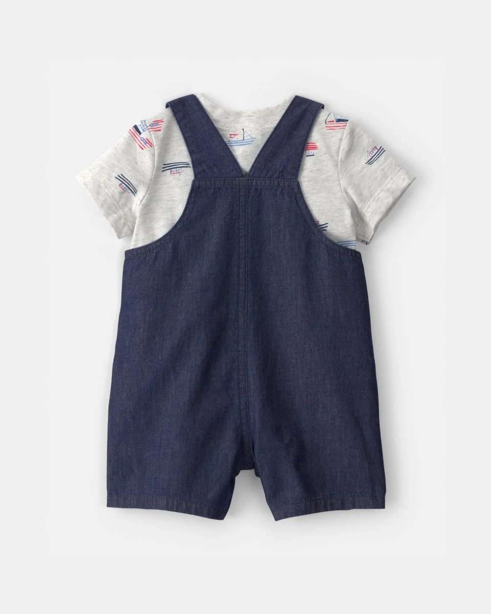 Conjunto dos piezas de algodón peto chambray y camiseta, diseño barcos - Image 2