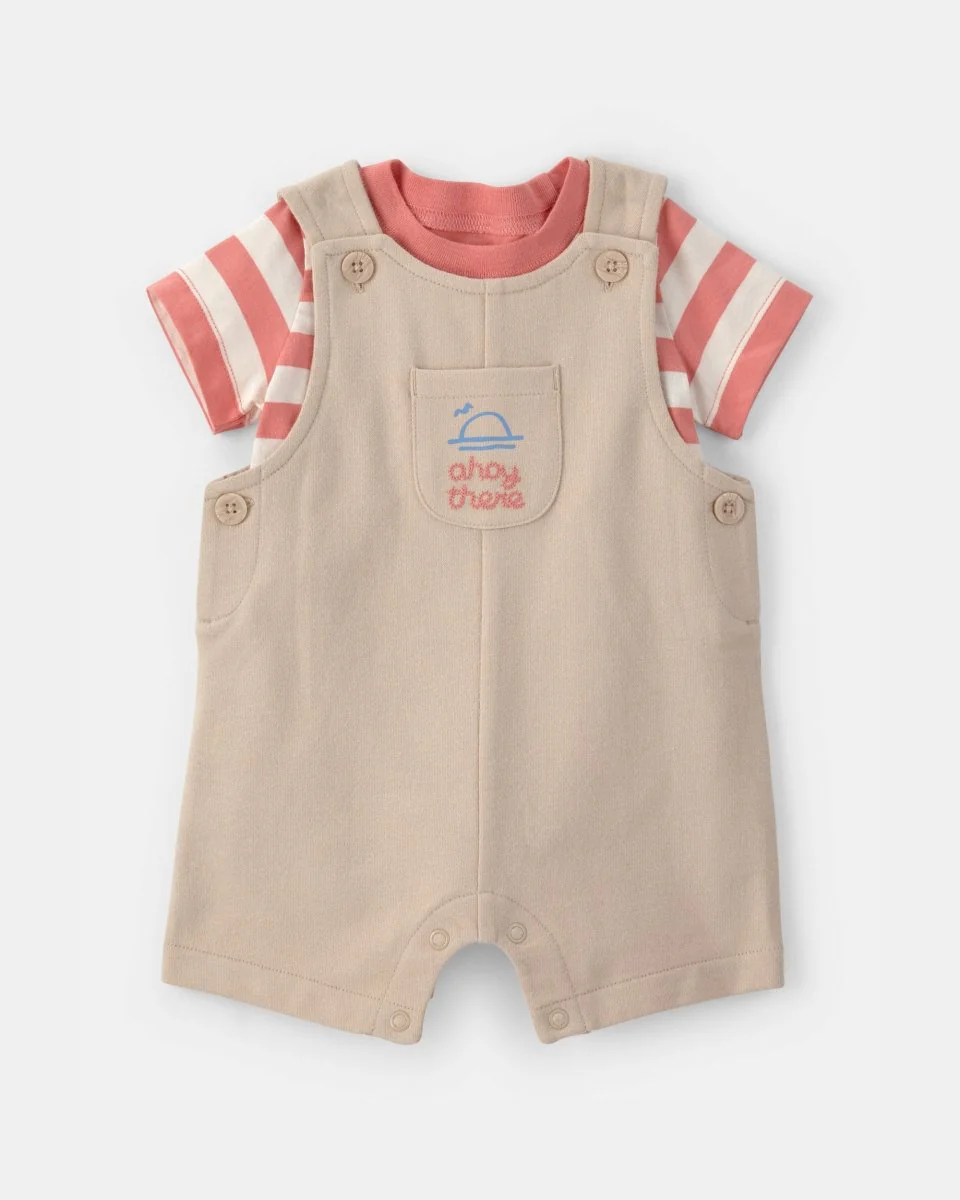 Conjunto dos piezas de algodón con peto corto y camiseta diseño a rayas naútico
