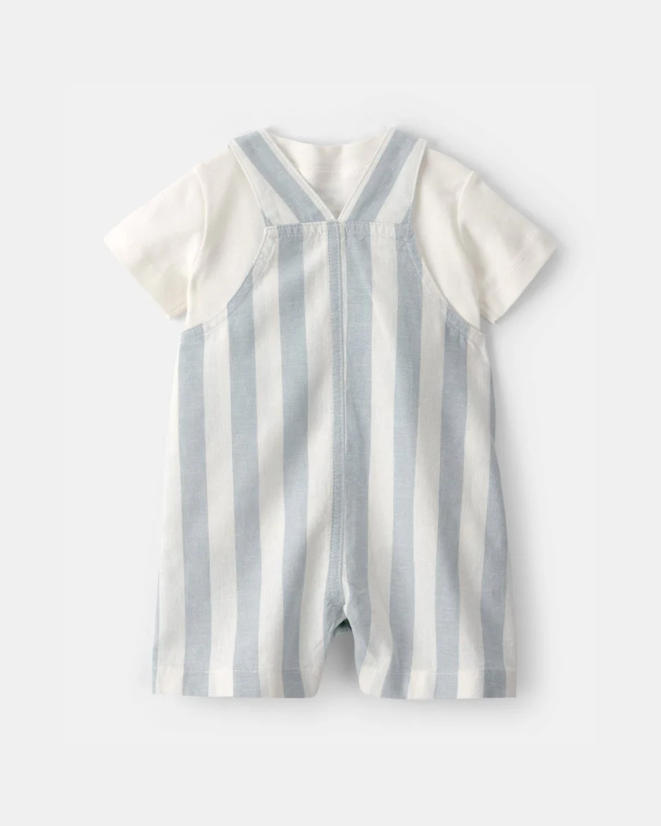Conjunto dos piezas de lino con peto corto a rayas y camiseta azul - Image 2