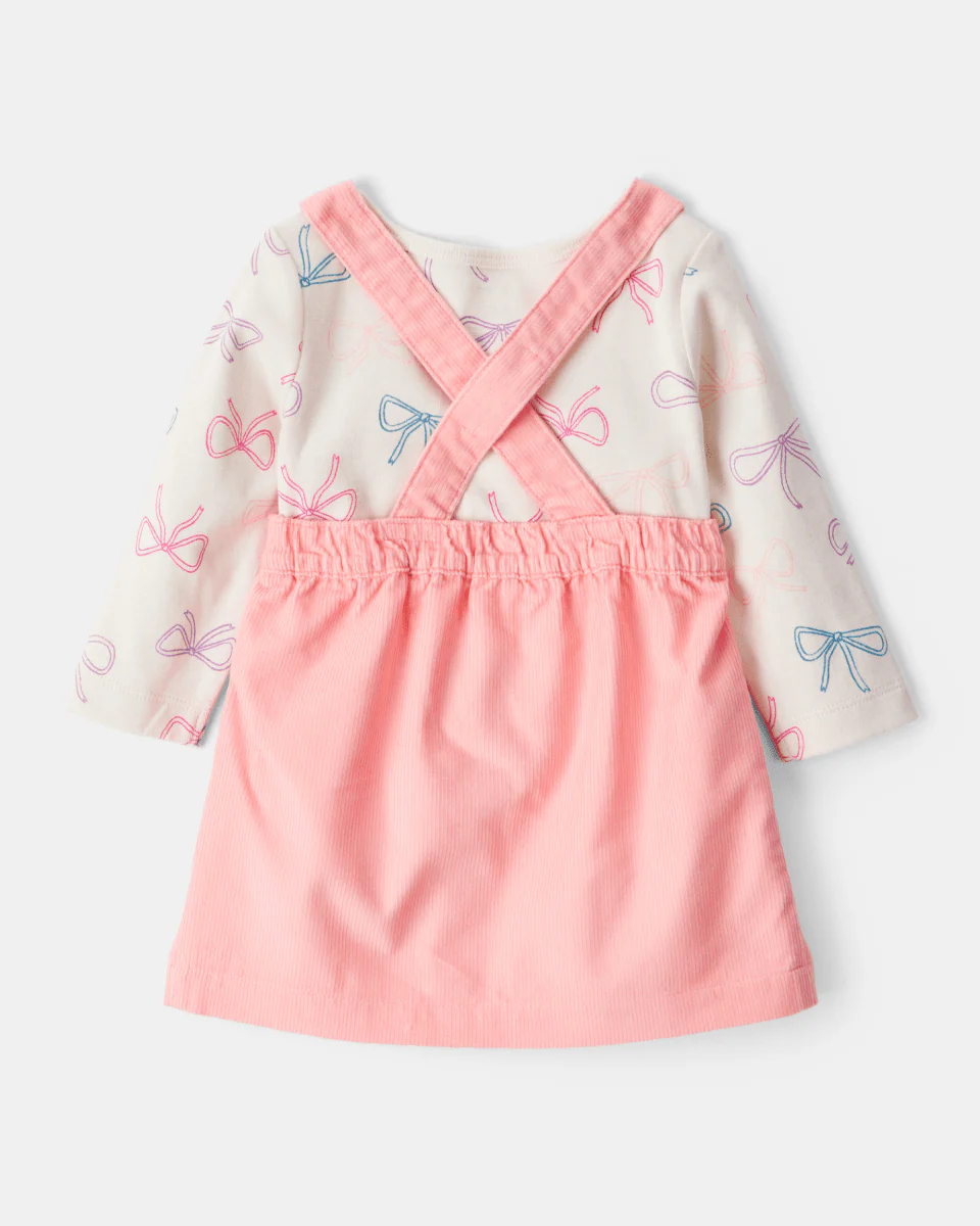 Conjunto 3 piezas con vestido jumper coral y lazos - Image 2