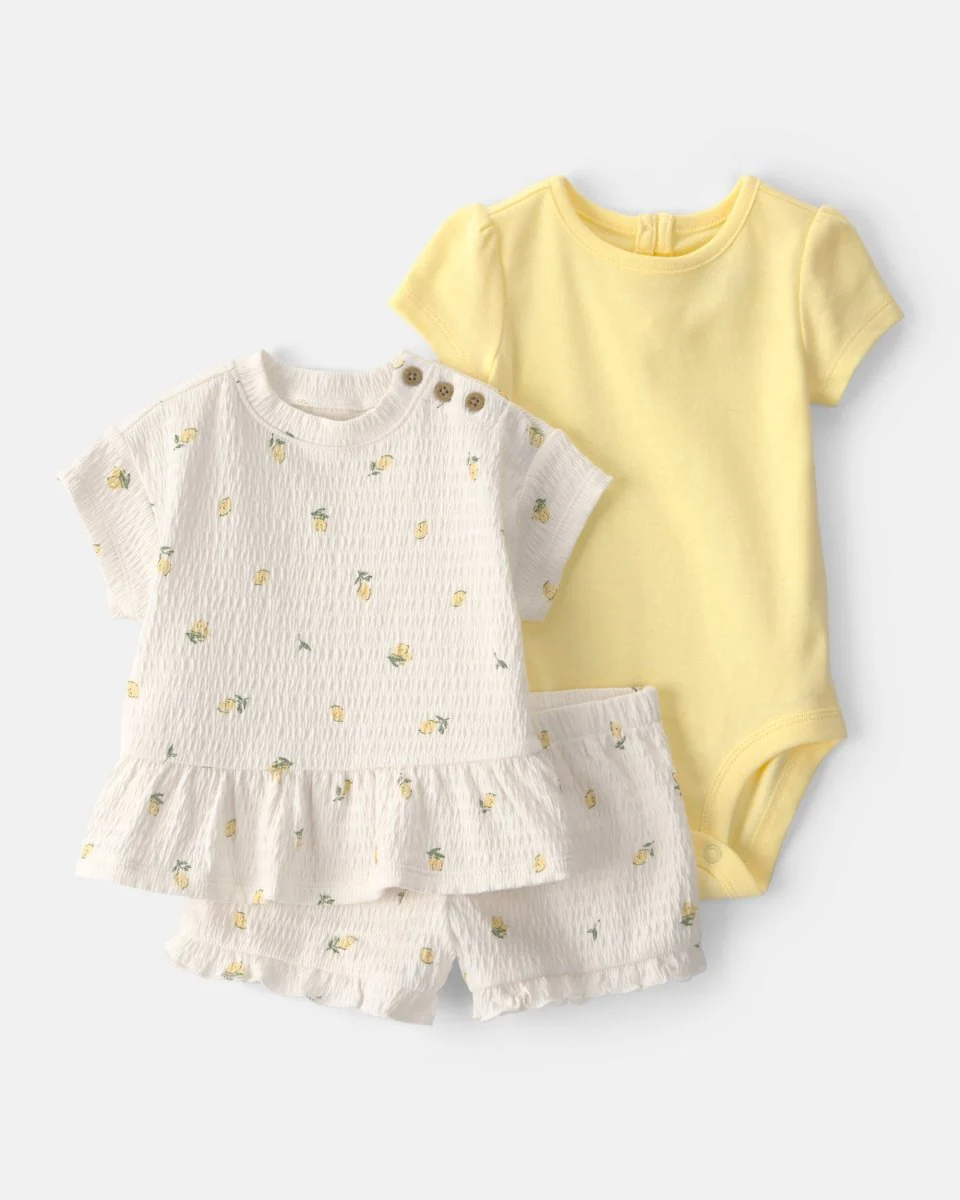 Conjunto tres piezas de algodón con blusa, body y pantalón corto diseño limones