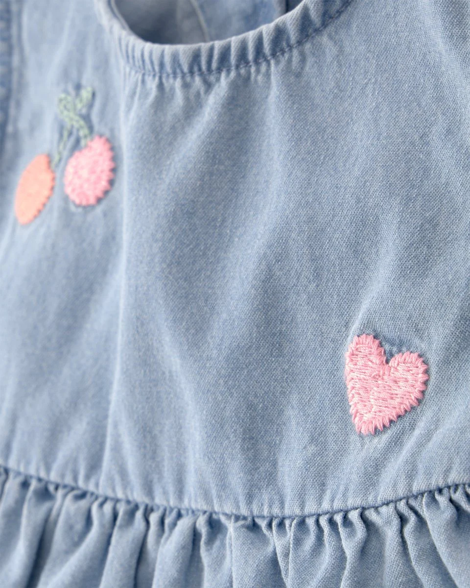 Conjunto tres piezas de algodón con blusa chambray, body y pantalón corto con diseño cerezas - Image 2