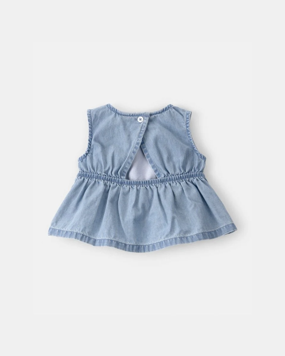 Conjunto tres piezas de algodón con blusa chambray, body y pantalón corto con diseño cerezas - Image 3