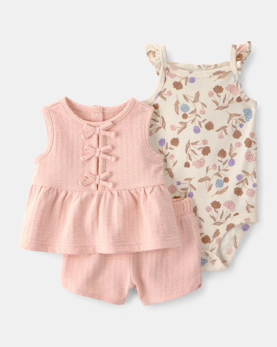 Conjunto tres piezas de algodón con blusa sin mangas, body y pantalón corto con diseño a rayas rosa