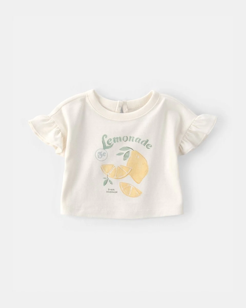 Conjunto tres piezas de algodón con blusa, cárdigan y pantalón corto con diseño limones - Image 2