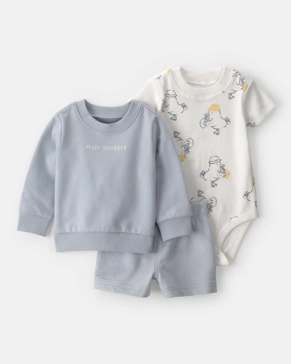 Conjunto tres piezas de algodón sudadera, body y pantalón corto con diseño limones