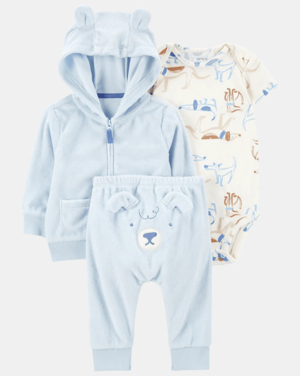 Conjunto 3 piezas de chaqueta, pantalón y body corto, diseño perro
