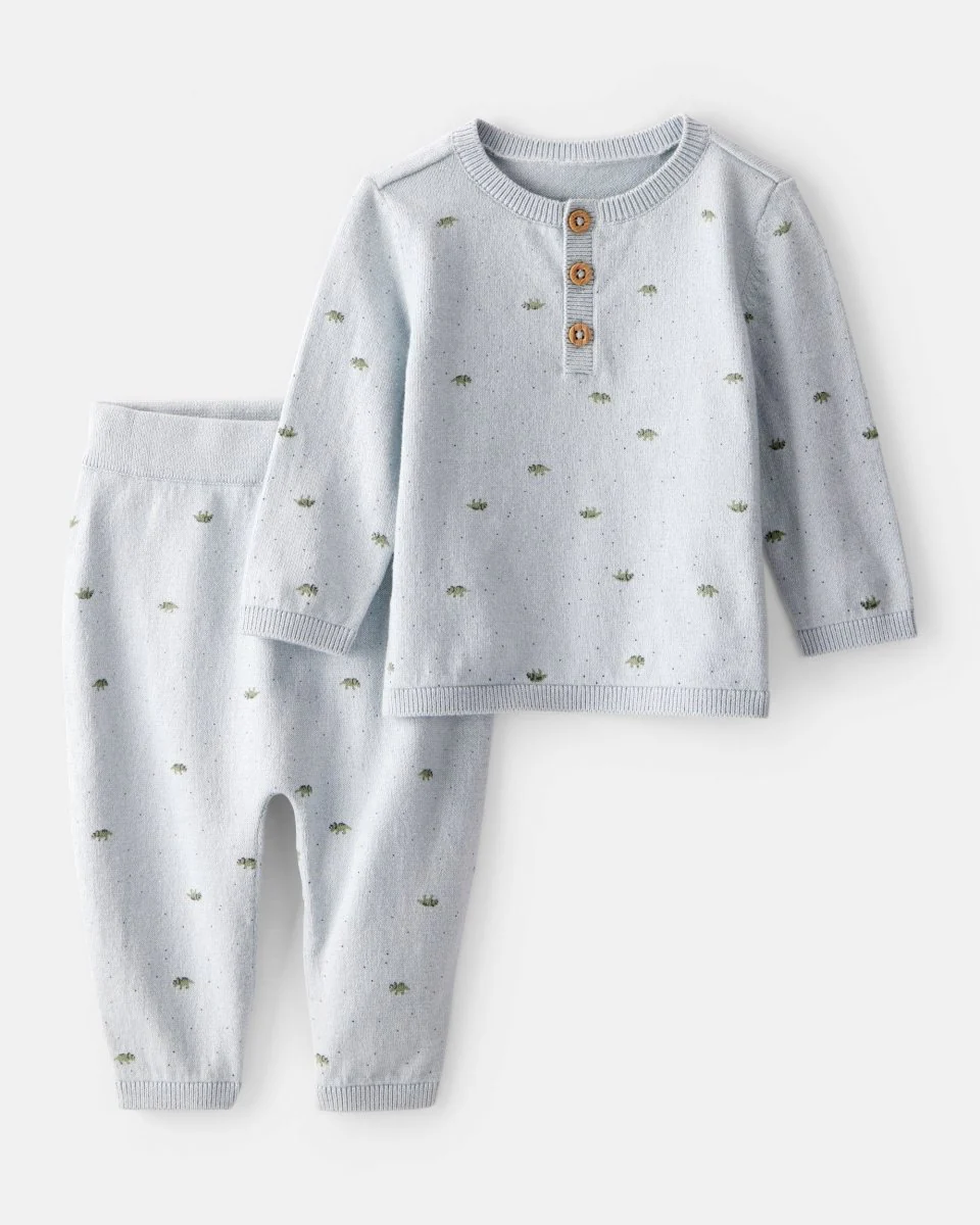 Conjunto dos piezas en algodón con cárdigan y pantalón estampado dinosaurios
