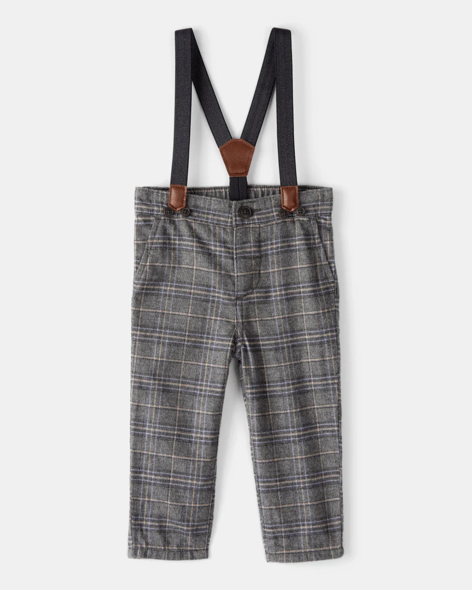 Pantalón con tirantes de cuadros grises