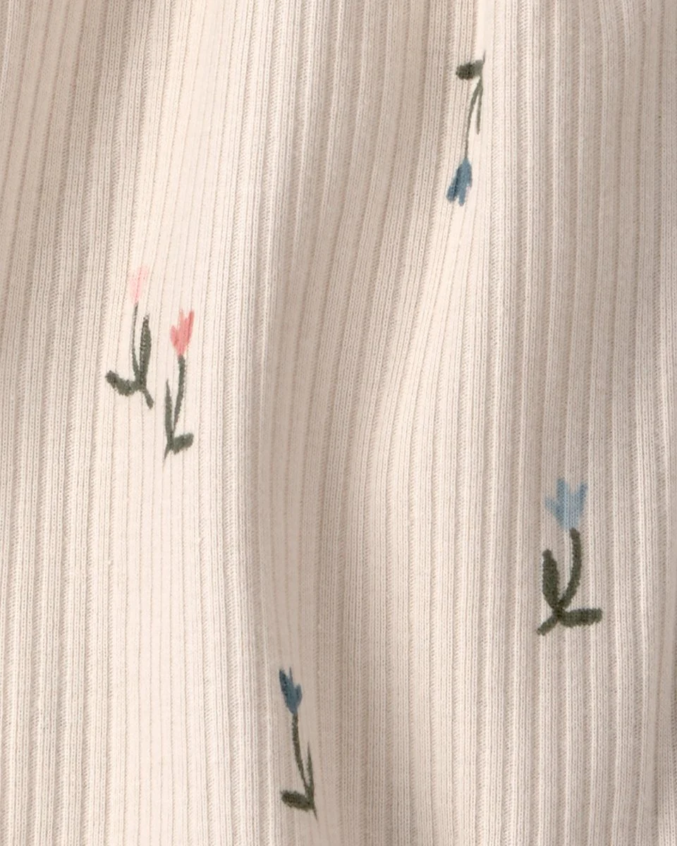 Pelele corto de algodón acanalado, diseño floral crema - Image 2