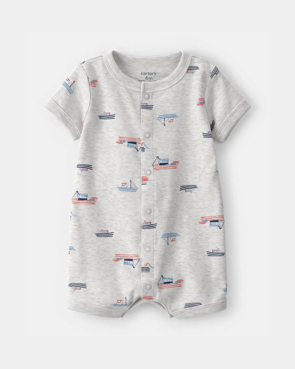 Pelele corto de algodón, diseño barcos gris