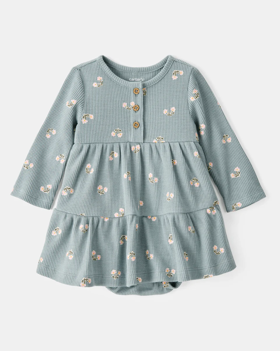 Vestido body de manga larga floral en canalé waffle
